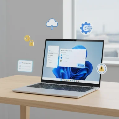 A laptop on a desk surrounded by floating cloud, lock, VPN gear, and alert icons.