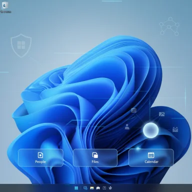 Windows desktop with blue abstract wallpaper and translucent tiles for People, Files, and Calendar.