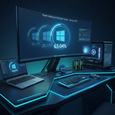 Futuristic gaming desk with neon-blue LEDs and a curved monitor displaying Windows progress at 63.04%.