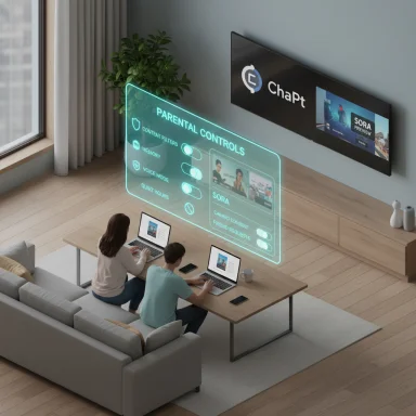 Two people work on laptops as a glowing holographic parental controls panel hovers above the coffee table.