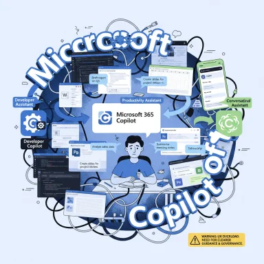 A colorful illustration of Microsoft 365 Copilot featuring AI assistants and productivity tools.