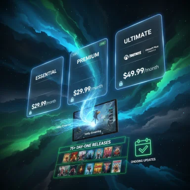 Futuristic game streaming plans: Essential $29.99, Premium $29.99, Ultimate $49.99 per month.