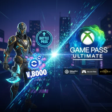 A futuristic armored warrior stands beside a Battle Pass and the Xbox Game Pass Ultimate promo.