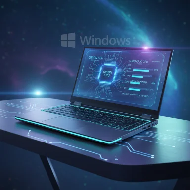 A futuristic laptop displays blue holographic circuitry and performance stats.
