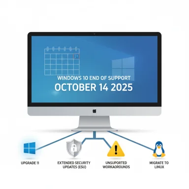 Screen shows Windows 10 end of support on Oct 14, 2025, with upgrade, ESU, workarounds, or Linux migration.