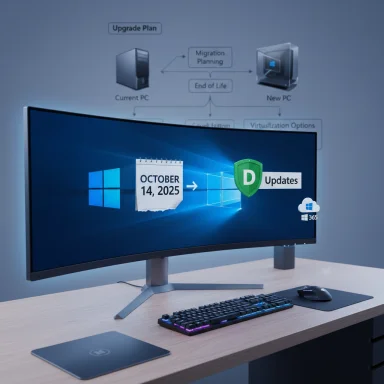 Curved monitor on a clean desk displaying a Windows update graphic (October 14, 2025).