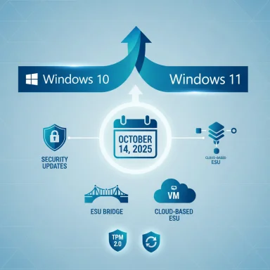 Windows 10 to Windows 11 upgrade path with Oct 14, 2025 deadline and ESU/security icons.