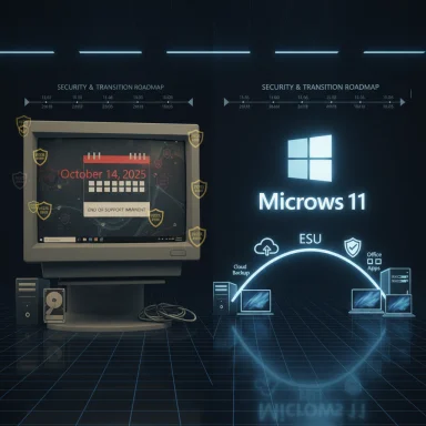 Retro monitor warns of October 14, 2025 end of support beside Microws 11 security roadmap.