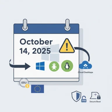 Calendar showing October 14, 2025 with a warning, featuring Windows/Linux icons and cloud desktop security logos.