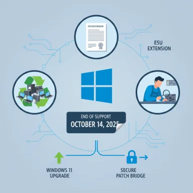 Infographic on Windows end of support (Oct 14, 2025) with ESU extension, upgrade and patch options.