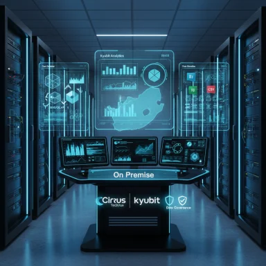 Futuristic data center with holographic analytics displays and an On Premise workstation.