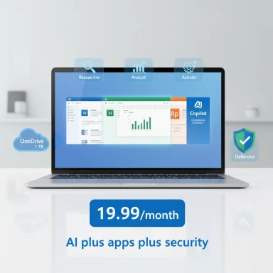 Laptop ad showcasing AI-powered apps and security for 19.99/month.