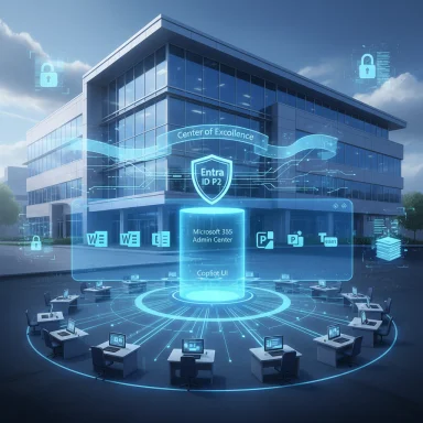 A futuristic office with holographic security UI and Entra ID P2 shield.
