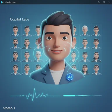 Futuristic Copilot Labs UI with a central 3D AI avatar and grid of user avatars.