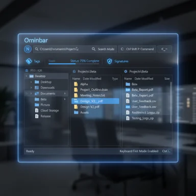 A neon holographic file manager overlay called Omnibar floats over a dark office. A neon holographic file manager overlay called Omnibar floats over a dark office.