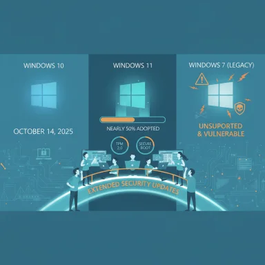 An infographic comparing Windows 10, Windows 11 adoption progress, and Windows 7 legacy with extended security updates.