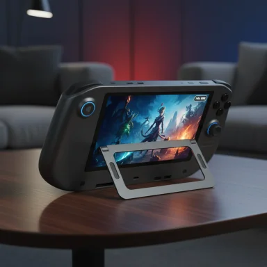 A handheld game console on a table displaying a fantasy scene.