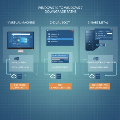 Infographic showing three downgrade paths from Windows 10 to Windows 7: VM, dual-boot, or bare metal.