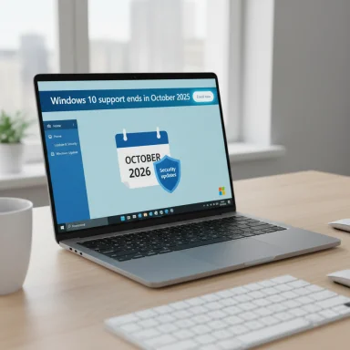 Laptop on a desk shows a Windows 10 support ends in October 2025 banner with an October 2026 calendar.