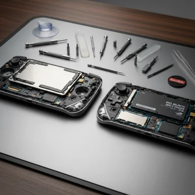 Two disassembled handheld gaming consoles laid out with precision tools and components.