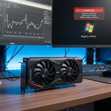 A dual-fan Radeon GPU sits on a desk before a monitor showing a graph and a Windows legacy driver warning.