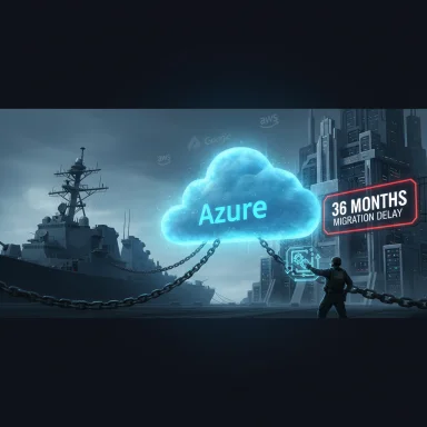 Azure cloud floats over a futuristic port, chained, signaling a 36-month migration delay.