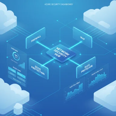 Illustration of a cloud-based network security hub with firewall, WAF, and DDoS protection. Illustration of a cloud-based network security hub with firewall, WAF, and DDoS protection.