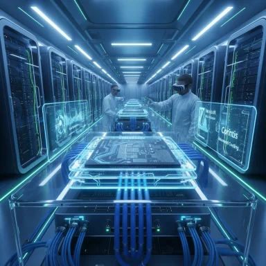 Futuristic data center with technicians in AR headsets inspecting holographic server components.