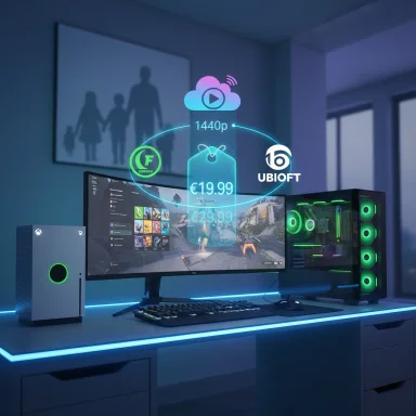 A futuristic gaming desk with a holographic 1440p price tag and Ubisoft logo.