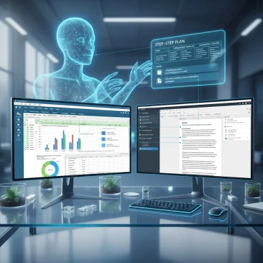 A futuristic holographic AI guides data analysis on dual computer monitors.