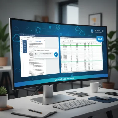 A computer monitor on a tidy desk shows Microsoft 365 Premium with a document and a spreadsheet.