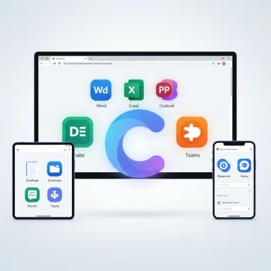 A desktop monitor displays colorful app icons, with a tablet and a smartphone beside it.