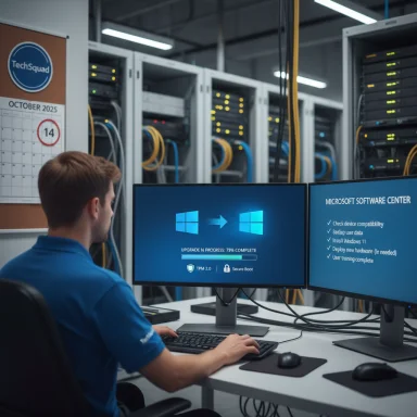 IT technician monitors a Windows upgrade on dual screens in a server room.