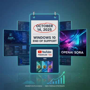 October 14, 2025: Windows 10 ends support, surrounded by tech promos and screens.