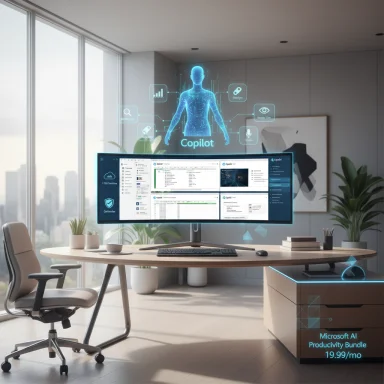 A modern office with a glowing holographic Copilot AI interface above a curved computer monitor.
