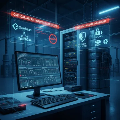 Futuristic data center workstation displays holographic alerts: critical injection detected and system failure imminent.