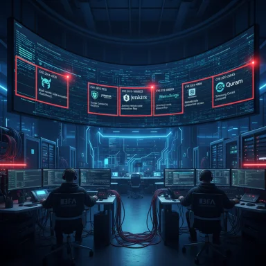 Futuristic data center with a curved wall of screens and two operators at their desks. Futuristic data center with a curved wall of screens and two operators at their desks.