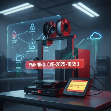 A 3D printer on a lab bench with a red warning banner reading CVE-2025-10653.
