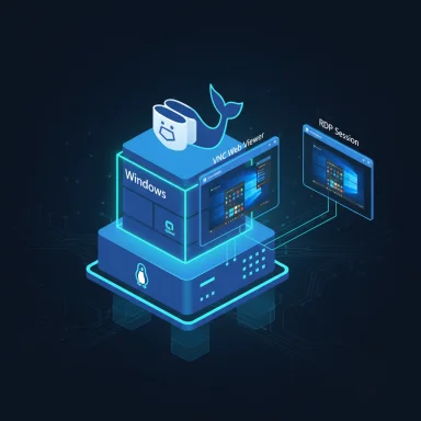 Isometric blue data stack showing Windows, VNC Web Viewer, and an RDP session.