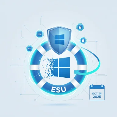 Illustration of Windows ESU security with a shield, lifebuoy, and Oct 14, 2025 date.