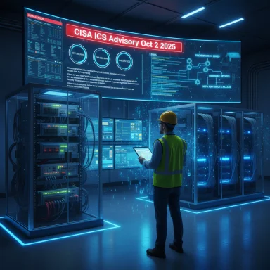 Technician in a hard hat and safety vest monitors a CISA ICS advisory in a neon-lit data center.