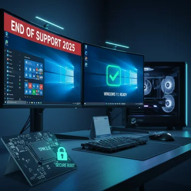 Dual-monitor Windows 11 setup with 'End of Support 2025' banner and secure-boot TPM display.