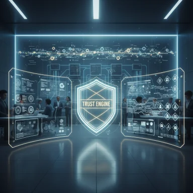 Futuristic lab with holographic displays and a glowing shield labeled Trust Engine.
