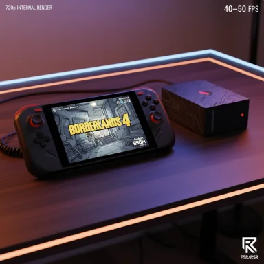 A handheld game console shows Borderlands 4 on a dock beneath neon desk lighting.