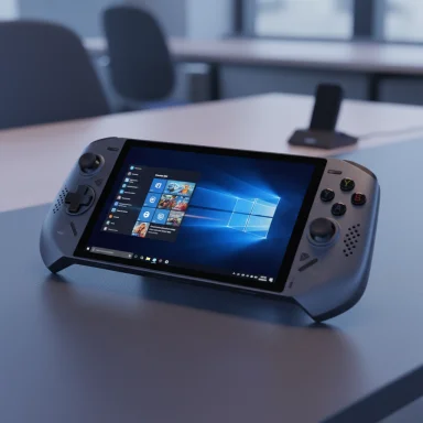 A handheld gaming device on a desk displays a Windows desktop.