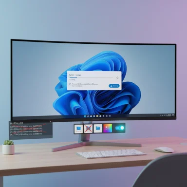 A sleek desktop setup featuring a large monitor on a wooden desk with a pastel gradient wall.
