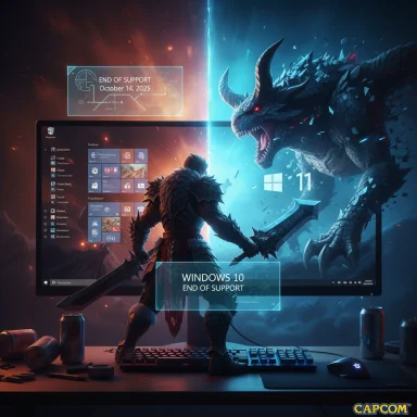 An armored warrior confronts a dragon in front of a glowing Windows PC gaming setup.