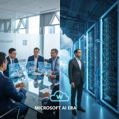 Split view of a Microsoft boardroom and a blue data center, signaling the AI era.