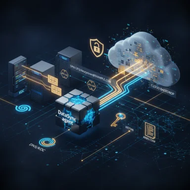 DataSync Agent links on‑prem servers to the cloud through secure, glowing network lines.