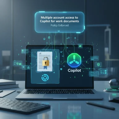 Holographic display shows policy-enforced Copilot access to work documents.